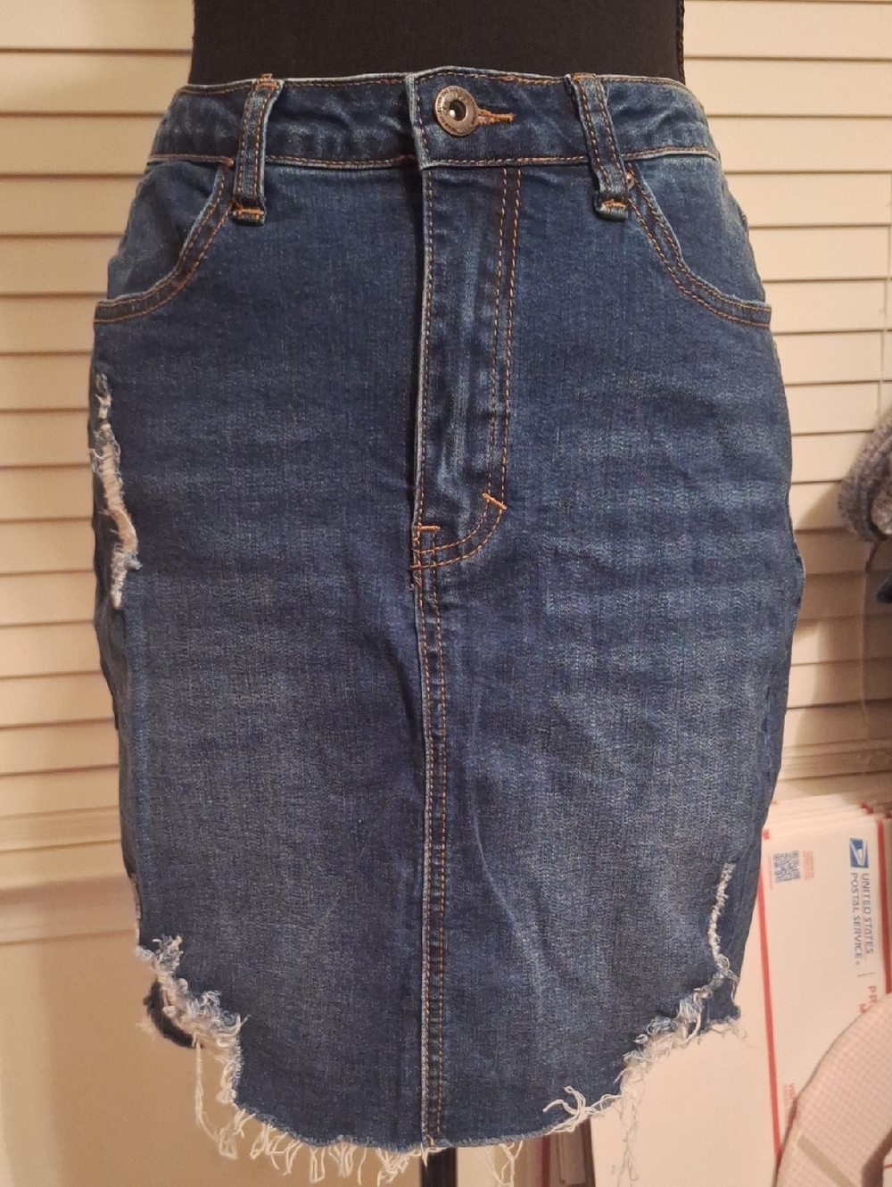 Wax Jean Dark Blue Distressed Denim Pencil Skirt